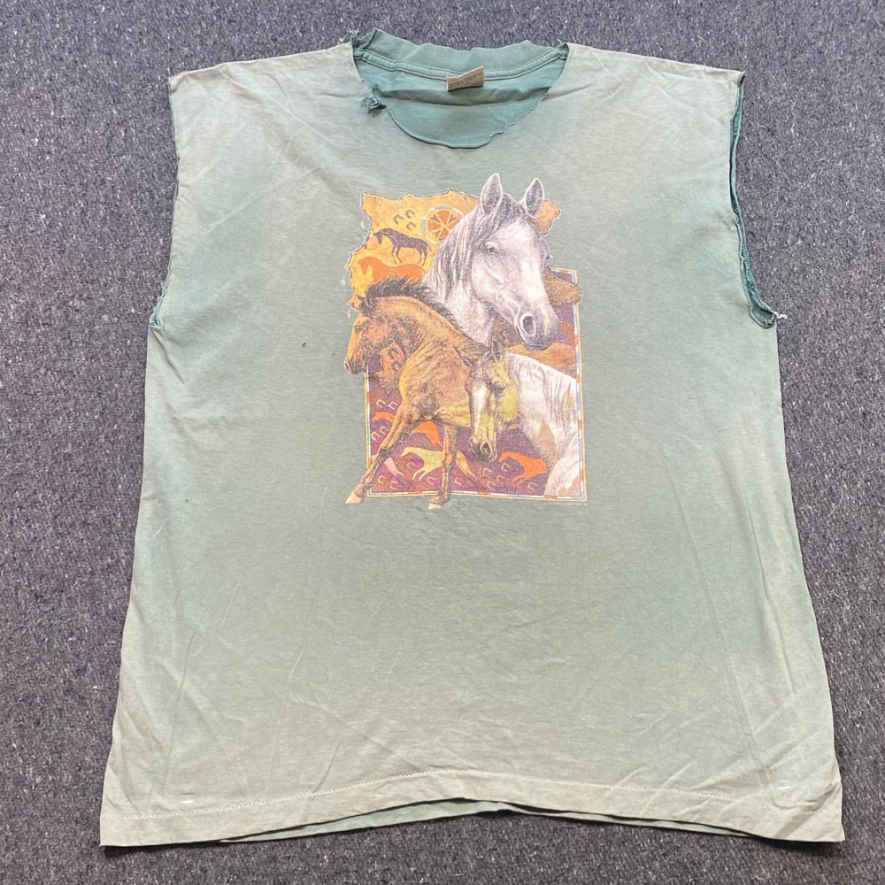 Alore Horse Graphic TShirt Sz XL Mens Green Grunge Western Distressed Cut Sleeve